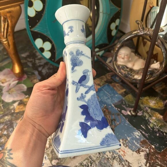 Vintage Chinoiserie Blue And White Candlestick Holder 9" - Picture 7 of 16